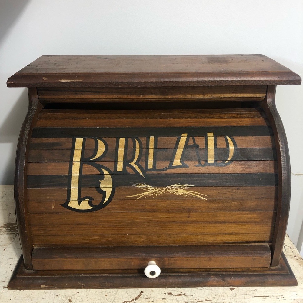 Vintage Wooden Bread Box with Roll-Top Lid - Rustic Brown